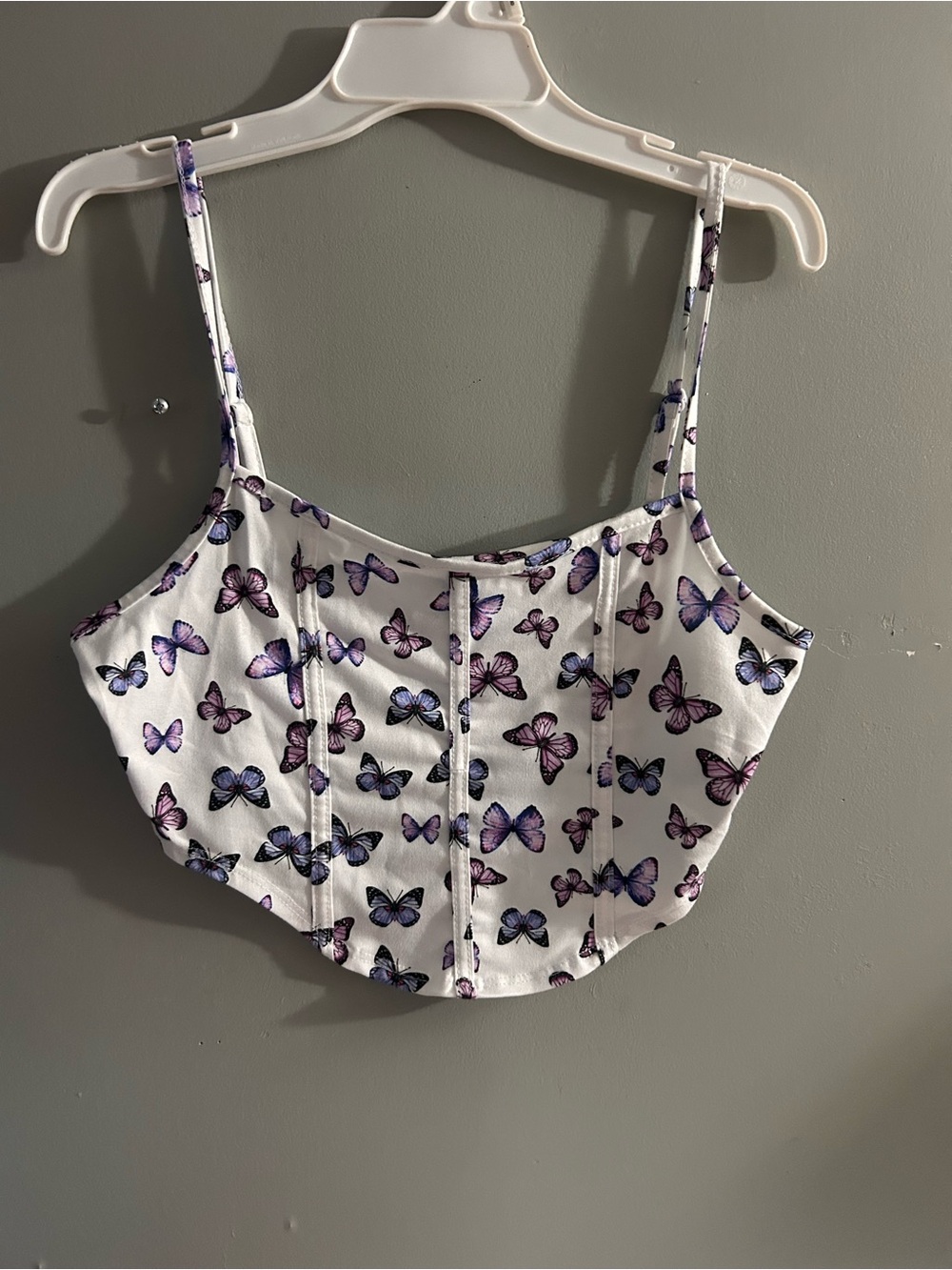 SHEIN White Crop Top with Purple and Blue Butterfly Print